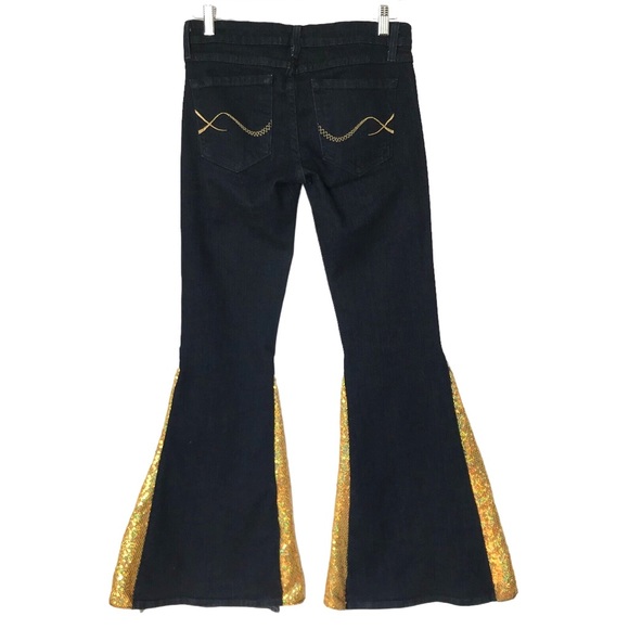 Vintage LVL X Black Denim Gold Sequin Hand Altered Flare Jeans - Picture 2 of 13